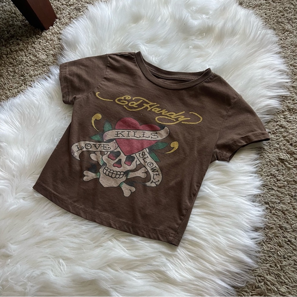 Ed Hardy Brown Kids Tee with Red Heart & Skull Graphic